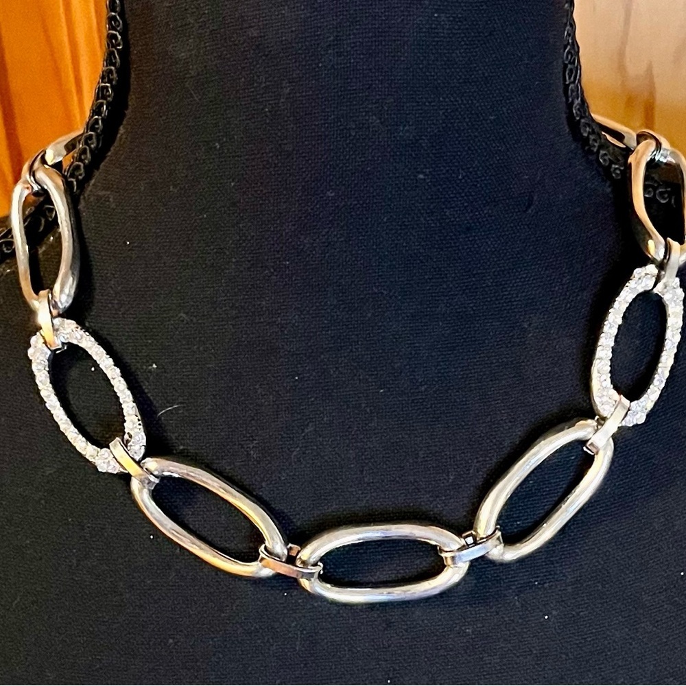 Bold Silver Chunky Link Statement Necklace Pave Crystal Accents Boutique 20 Inch